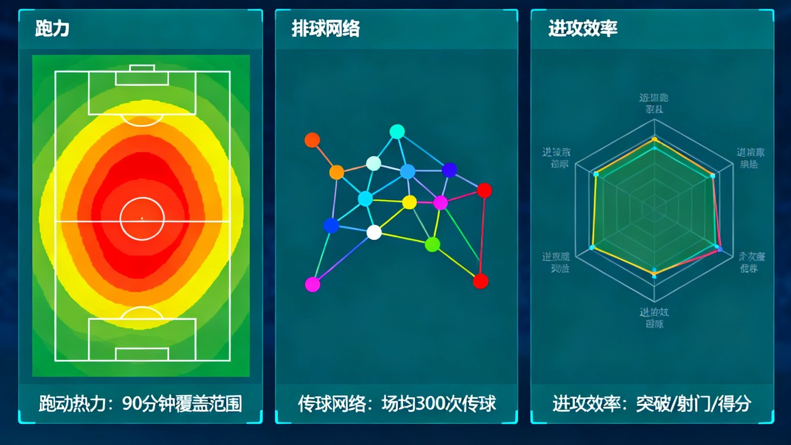 人人体育数据统计仪表盘界面截图，展示多维度的赛事数据可视化图表，包括球员跑动热力图、传球网络分析和进攻效率雷达图
