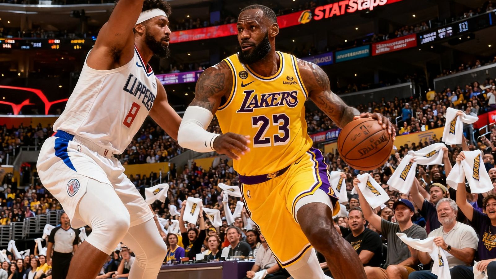 NBA常规赛直播画面，洛杉矶湖人队主场斯台普斯中心内灯光璀璨，勒布朗·詹姆斯持球突破防守球员，观众席上万名球迷挥舞应援毛巾
