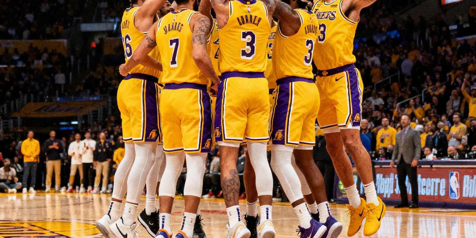 NBA赛后战报配图，湖人队庆祝胜利的瞬间，球员们围成一圈跳跃庆祝，球场地板上洒落着彩色纸屑