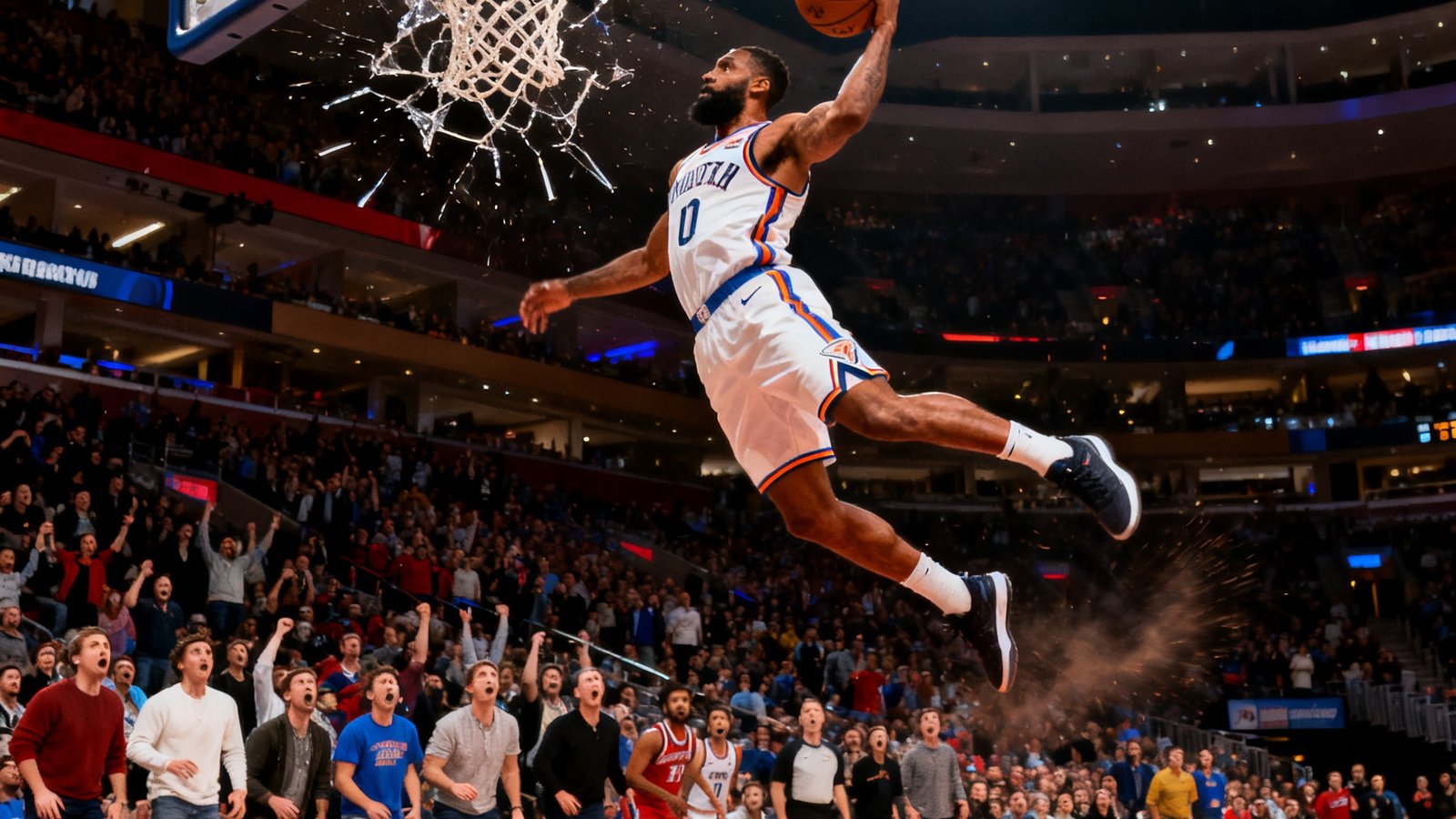 NBA精彩集锦视频封面，一名球员飞身暴扣的定格画面，背景中篮板剧烈震动，观众席上球迷们震惊地站起身